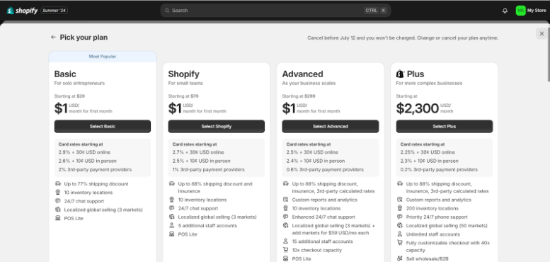 Select Your Preferr Shopify Plan